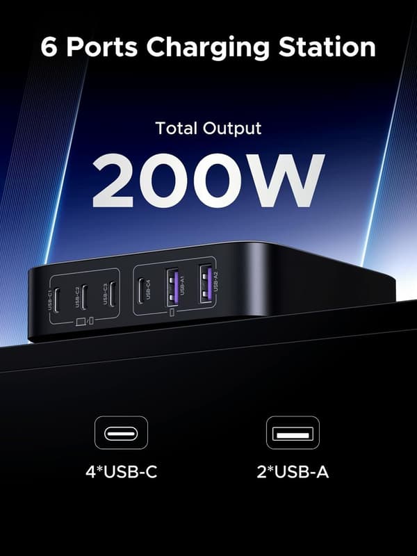 UGREEN 200W USB-C oplader, Nexode 6-Port GaN bordoplader Grey