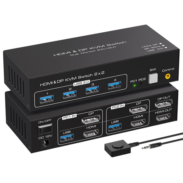 NÖRDIC KVM-switch 2 til 2 DisplayPort & HDMI, 8K60Hz/4K120Hz, 4x USB-A Black