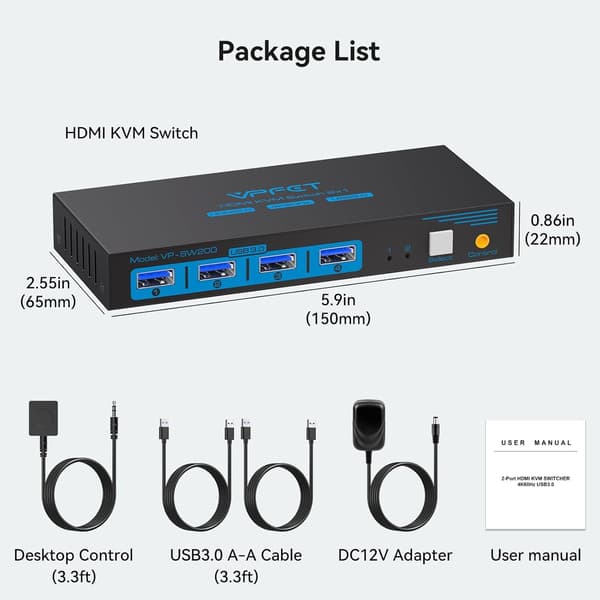NÖRDIC KVM-switch 2 til 1 HDMI 2.0 4K60Hz til PC, Xbox, PS5 og bærbar computer med 4×USB 3.0-porte