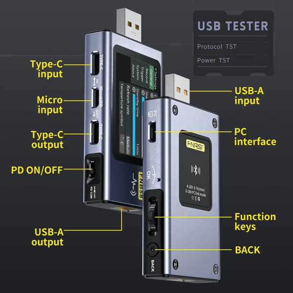 FNIRSI Digital USB tester voltmeter och kabeltestare Silver