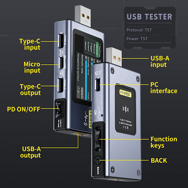 FNIRSI Digital USB tester voltmeter og kabeltester Silver
