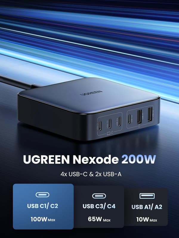UGREEN 200W USB-C oplader, Nexode 6-Port GaN bordoplader Grey