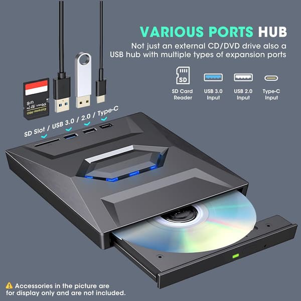NÖRDIC Bærbar CD Brænder og afspiller samt USB-hub med SD-kortlæser 2xUSB-A 1xUSB-C