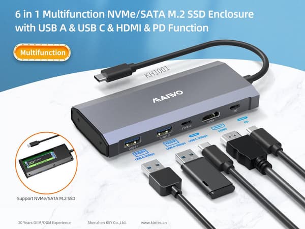 MAIWO 1 til 6 dockingstation 1xNVMe/SATA 1xHDMI 4K60Hz, 2xUSB-A 1xUSB-C 5Gbps 1xUSB-C PD100W