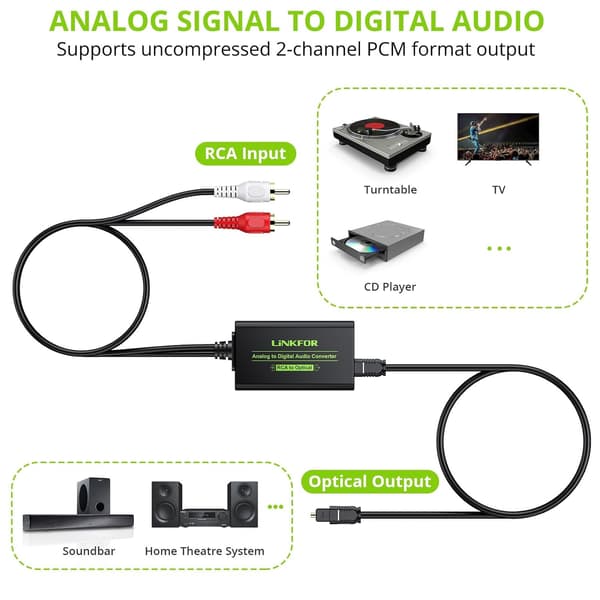 NÖRDIC Analog til digital lydkonverter RCA til digital Toslink SPDIF optisk med optisk kabel Black