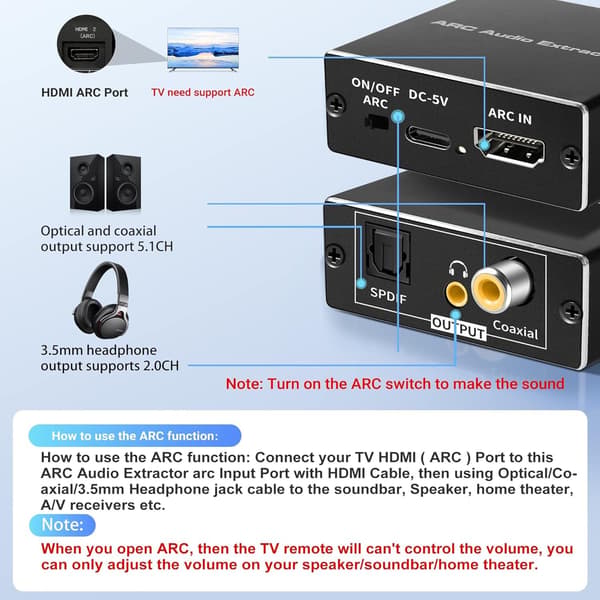 NÖRDIC HDMI ARC/eARC Extractor SPDIF, Koaksiaalinen, 3,5 mm
