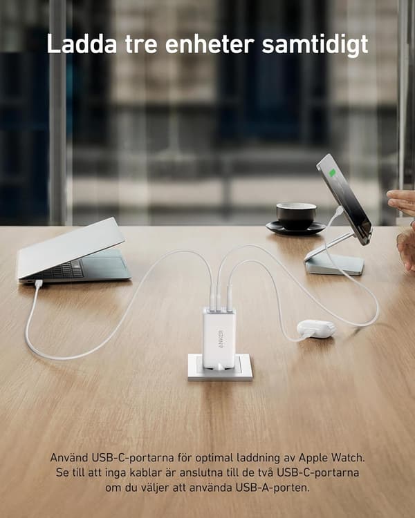 Anker Nano 65W USB-C oplader, 3-ports PPS-hurtigoplader, iPad-oplader