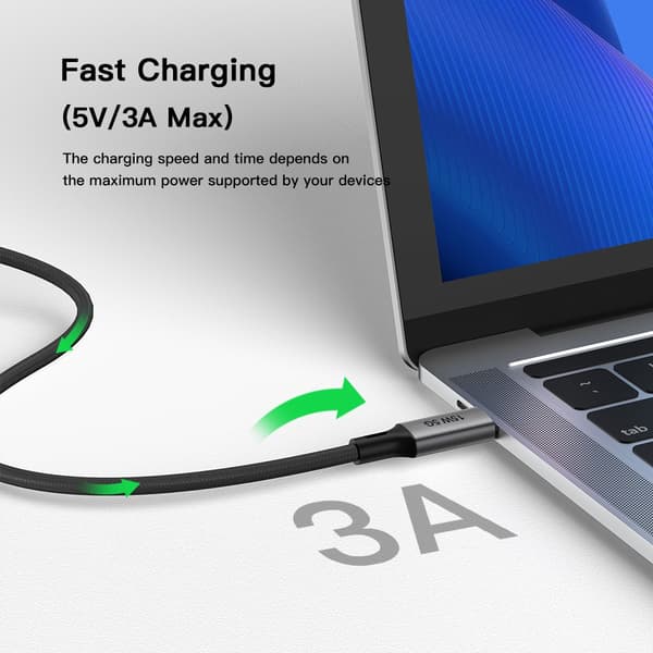 NÖRDIC 5m USB3.2 Gen1 USB-C til A nylonflettet kabel hurtig opladning 3A 5Gbps 15W grå Grey