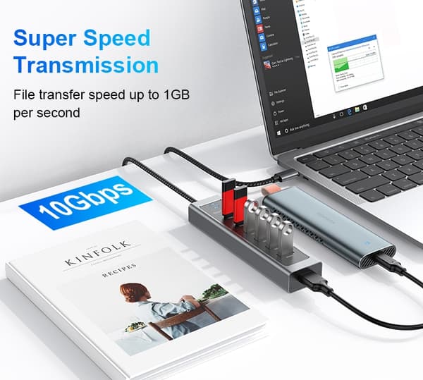 NÖRDIC USB-C Hub 2xUSB-C 10G, 1xUSB-A 10G, 4xUSB-A 5G, 60cm kaapeli