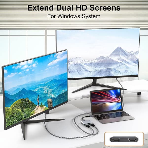 NÖRDIC USB-C adapter till dubbla HDMI skärmar, 4K 60Hz, Windows, MacOS, Android grå