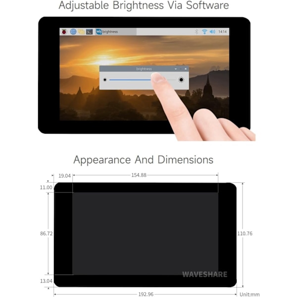 Waveshare 7-tommer touch-skærm til Raspberry Pi 5, 4B, Raspberry Pi 3B+/3B/3A+, CM3/3+/4 og VisionFive2 Core3566, 800 × 480 opløsning med DSI-interfac