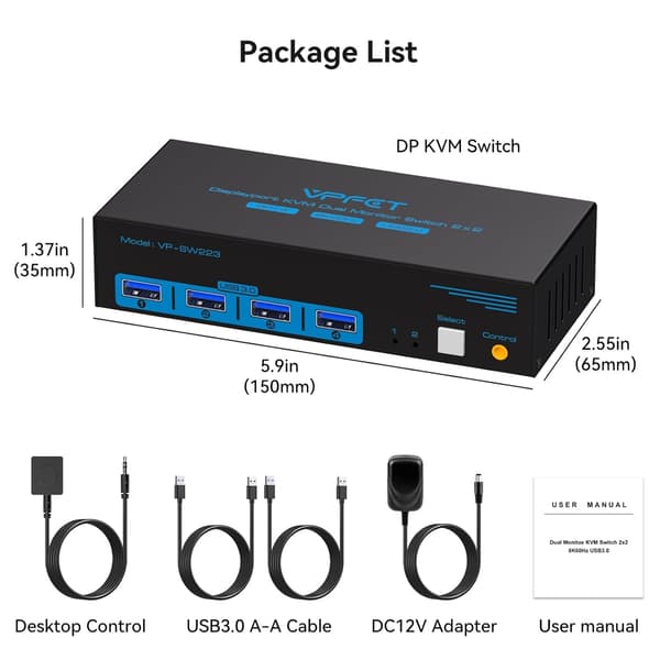 NÖRDIC KVM-switch 2 til 2 DisplayPort til DisplayPort, 8K60Hz/4K120Hz, 4x USB-A Black