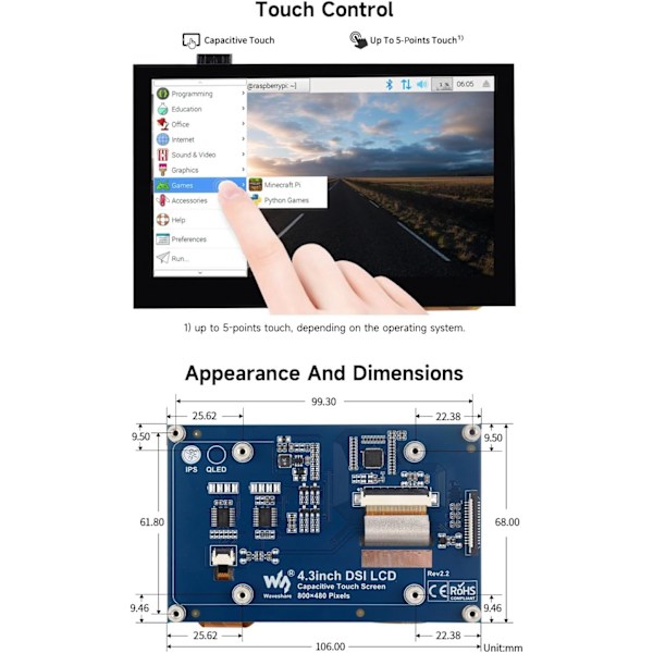 Waveshare 4,3-tommer LCD Touch-skærm til Raspberry Pi 5/4B/3B+/3A+/3B/2B/B+/A+ 800 × 480 IPS