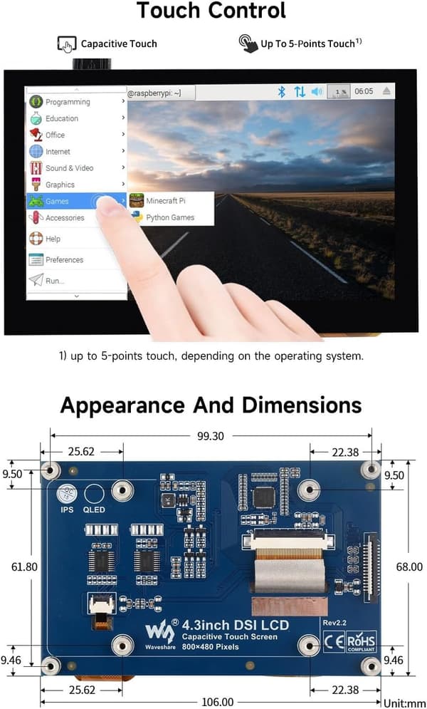 Waveshare 4,3 tuuman LCD-kosketusnäyttö Raspberry Pi 5/4B/3B+/3A+/3B/2B/B+/A+ 800 × 480 IPS