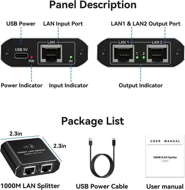 NÖRDIC RJ45-sovitin 1–2 Ethernet Giga 1000Mbps Verkkolaite Black