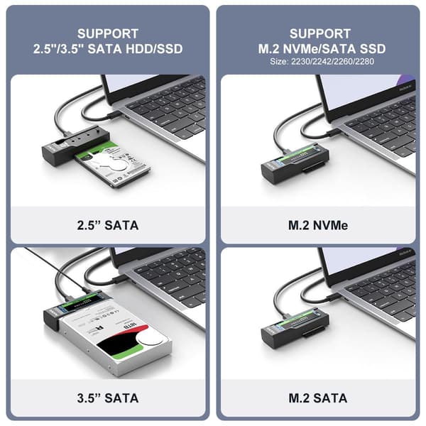 Maiwo K10635P2 USB-C adapter til NVMe/SATA M.2 SSD og 2.5"/3.5" SATA HDD USB-C 3.2 10Gbps