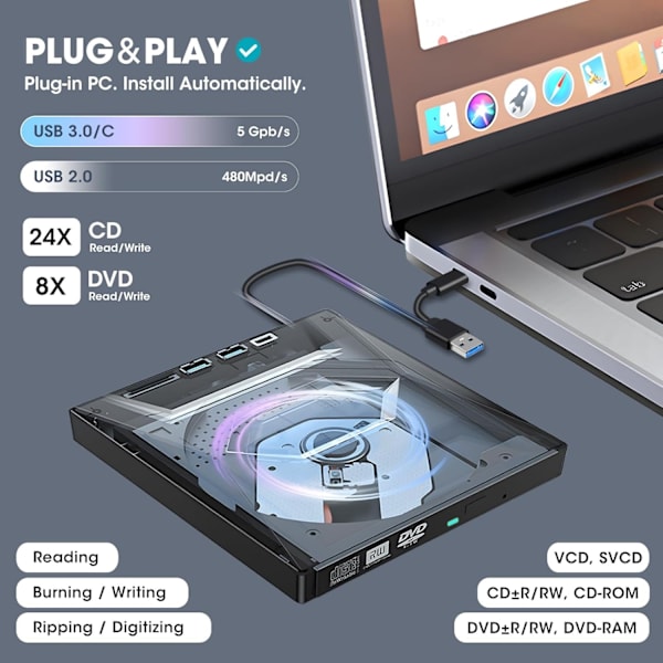 NÖRDIC Bærbar CD Brænder og afspiller samt USB-hub med SD-kortlæser 2xUSB-A 1xUSB-C
