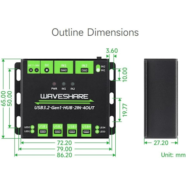 Industriel USB HUB til 2 computere til 4 USB 3.2-porte, skiftbar, monterbar, kompatibel med Windows Linux Mac