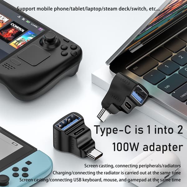 NÖRDIC USB-C-sovitin 1–2 USB-C 3.1 + USB-A 10 Gbps 4K60Hz 100 W PD
