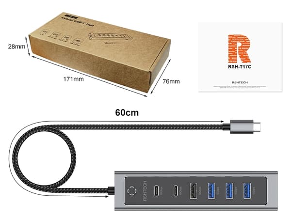 NÖRDIC USB-C Hub 2xUSB-C 10G, 1xUSB-A 10G, 4xUSB-A 5G, 60cm kaapeli