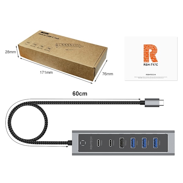 NÖRDIC USB-C Hub 2xUSB-C 10G, 1xUSB-A 10G, 4xUSB-A 5G, 60cm kabel