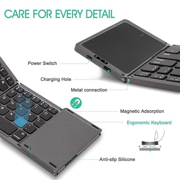 NÖRDIC Bluetooth 5.0 foldetastatur med touchpad 64 taster Multiparring IOS Android Windows US Layout Black