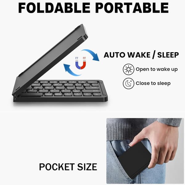 NÖRDIC US-layout Vikbart Slim Bluetooth-tangentbord i fickformat, kompatibelt med iOS, Android och Windows, för smartphone, surfplatta, iPad, iPhone o