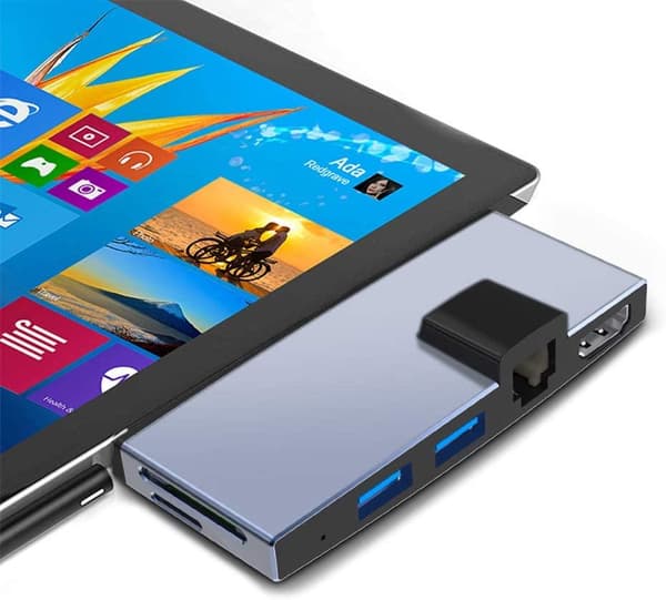 NÖRDIC USB-dockingstation til MicroSoft Surface Pro 1xHDMI4k30Hz 2xUSB-A 5Gbps 1xRJ45 LAN og 1xTF og 1xSD Silver