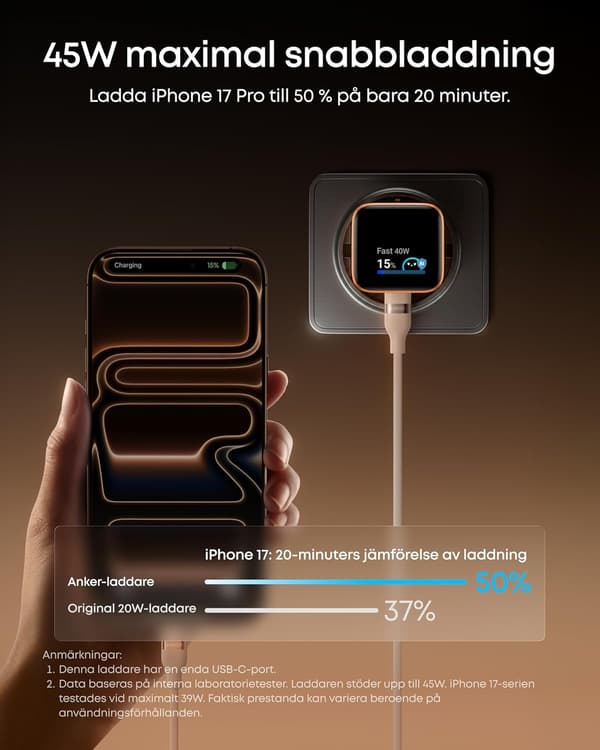 Anker Nano 45W Smart Display USB-C-laddare 45W, Orange