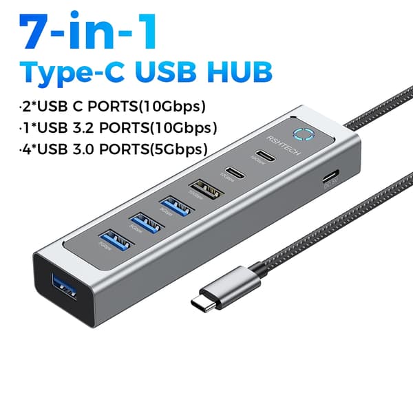 NÖRDIC USB-C Hub 2xUSB-C 10G, 1xUSB-A 10G, 4xUSB-A 5G, 60cm kaapeli