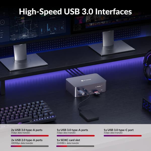 AV Access iDock D23i Dockingstation og KVM-switch 2 til 3, Triple Monitor til 2st Desktop-PC'er, 8K@60Hz, 5xUSB-A, 1xUSB-C, 1G Ethernet, Lyd, SD