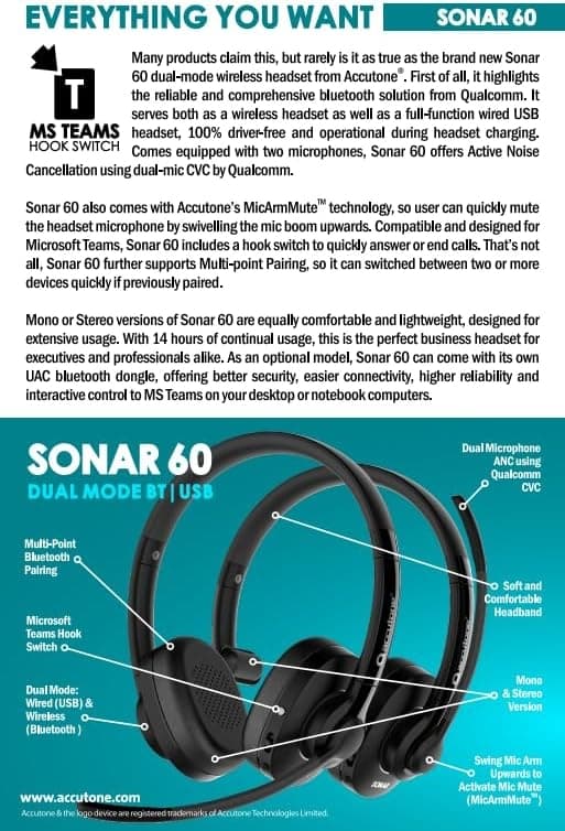 Accutone Sonar 60 Dual Bluetooth & USB kablet headset med støjreducerende mikrofon, lang batterilevetid til PC/Mac og telefoner