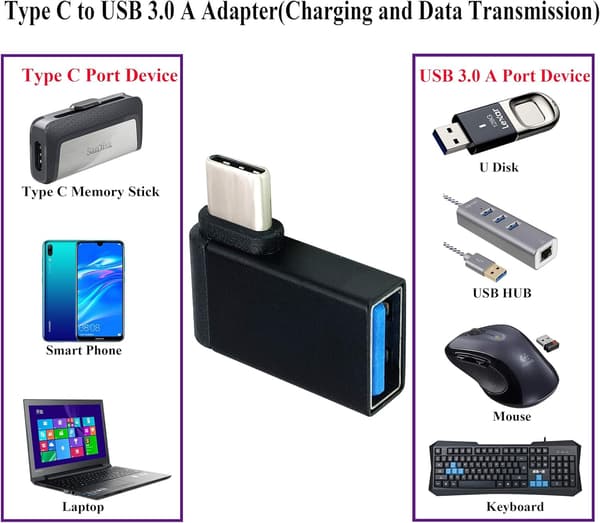 NÖRDIC USB-C han til USB-A hun vinklet adapter 90 grader Black