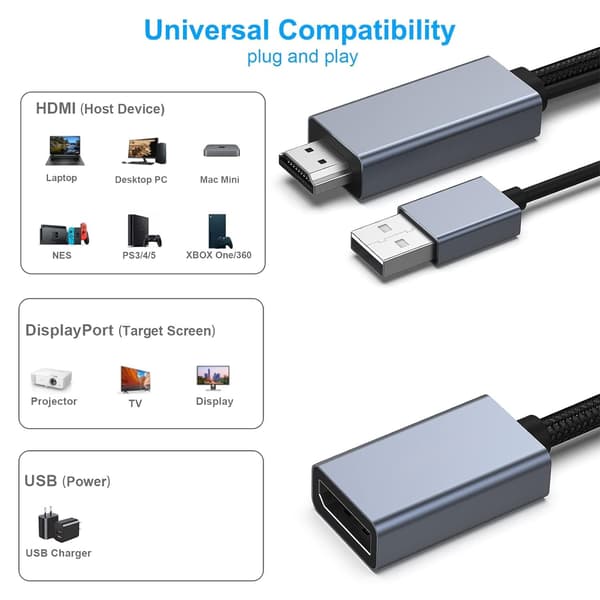 NÖRDIC HDMI til Displayport adapter 20cm 4K60Hz 18Gbps Black