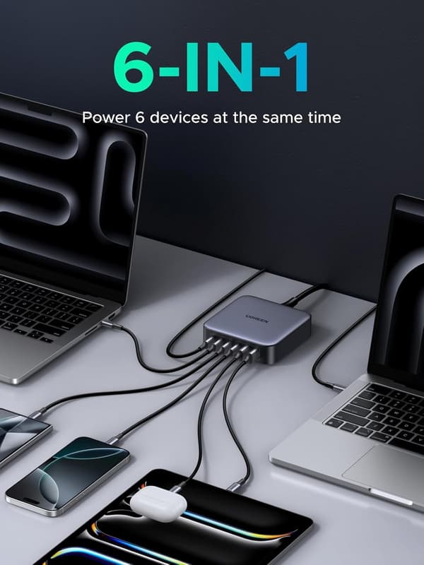 UGREEN 200W USB-C-laddare, Nexode 6-portars GaN-skrivbordsladdare grå