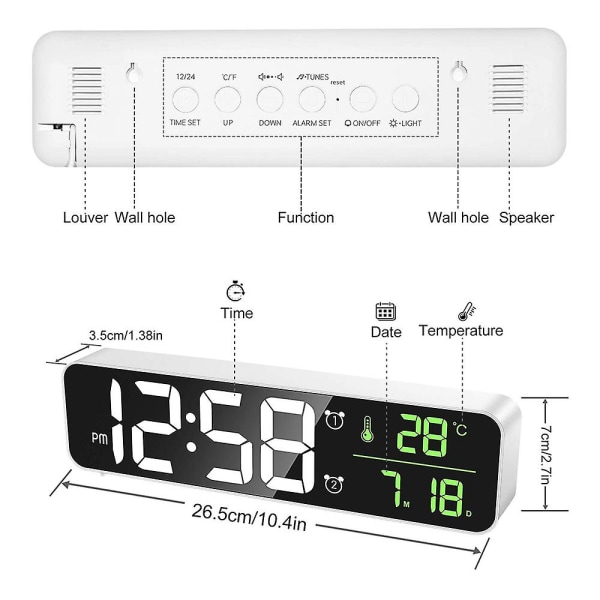 Digital Väckarklocka - Led Mirror Väggklocka Med Datum Temperatur Display White