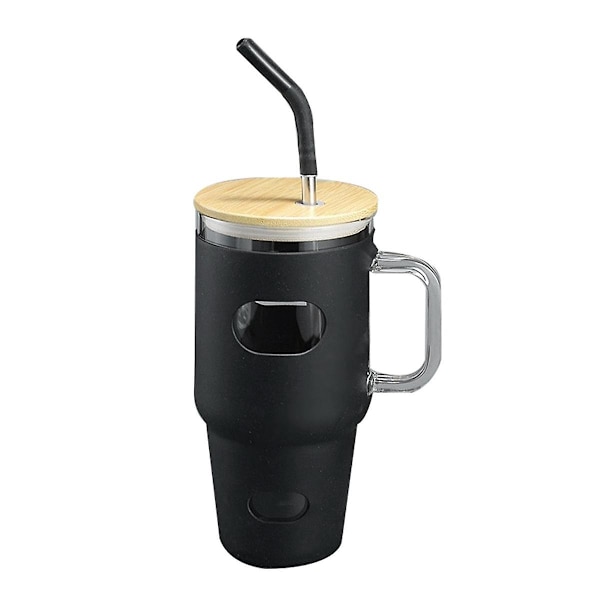 32 oz glas med lock och sugrör, glasvattenflaskor med handtag, glaskopp med silikonhylsa, kopp Black none