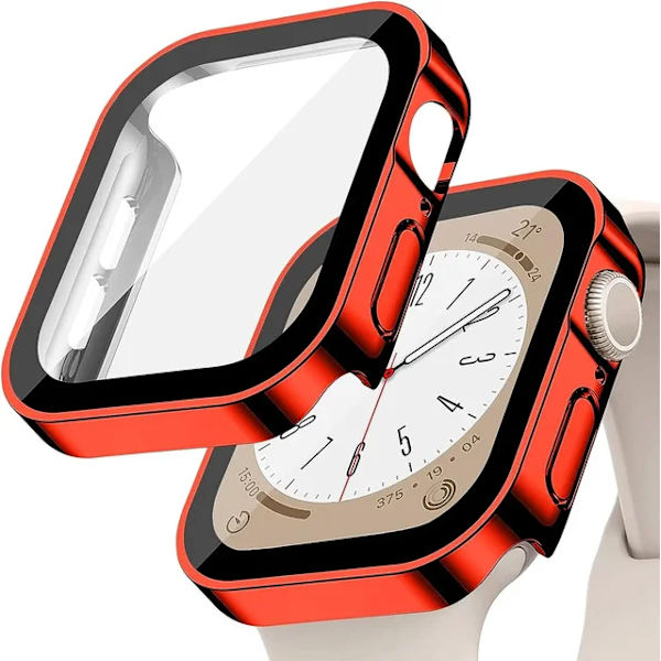 Lämplig för äpplen Tempered Glass+ Cover för Apple Watch 9 8 7 45mm 41mm PC Bumper Skärmskydd Case iWatch Series 7 6 5 4 SE2 44mm 40mm Plating 8 red 40MM(Series 456SE)