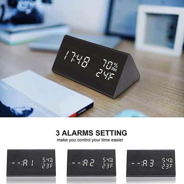 Digital väckarklocka, acsergery med elektronisk LED-tidsdisplay i trä, acsergery 3 Alarm Se null none