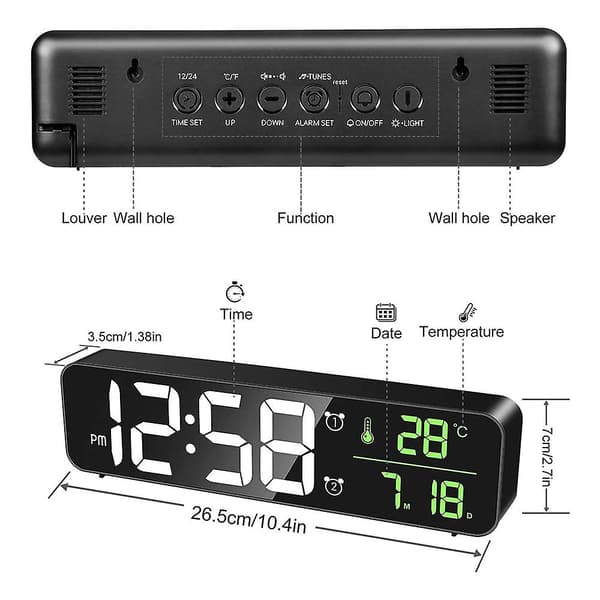 Digital Väckarklocka - Led Mirror Väggklocka Med Datum Temperatur Display Black