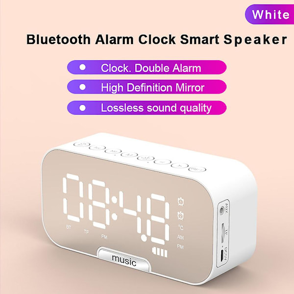 Trådlös Bluetooth högtalare Spegelklocka Miniväckarklocka Vit white