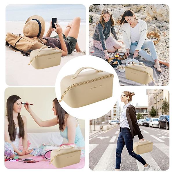 Tvådelat set (kuddväska + borstväska) Kosmetikväska Pu Läder kosmetikaväska Resehandväska beige