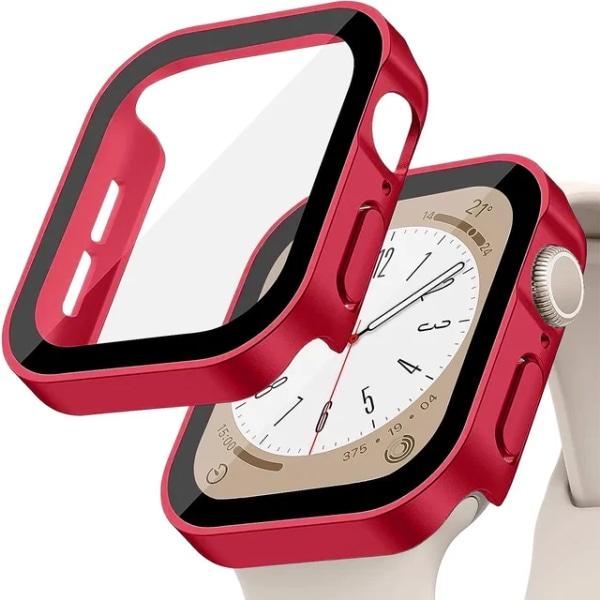 Lämplig för äpplen Tempered Glass+ Cover för Apple Watch 9 8 7 45mm 41mm PC Bumper Skärmskydd Case iWatch Series 7 6 5 4 SE2 44mm 40mm matte 5 red 41MM(Series7 8 9)
