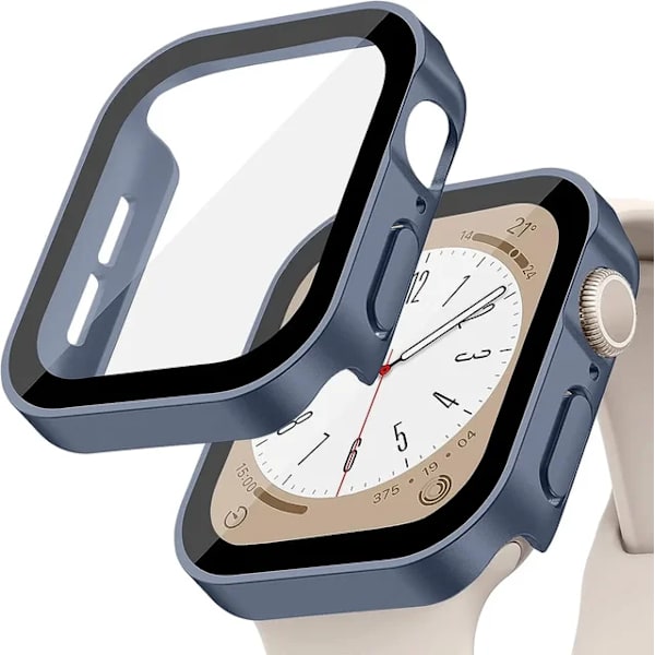 Lämplig för äpplen Tempered Glass+ Cover för Apple Watch 9 8 7 45mm 41mm PC Bumper Skärmskydd Case iWatch Series 7 6 5 4 SE2 44mm 40mm matte 4 blue 44MM(Series 456SE)