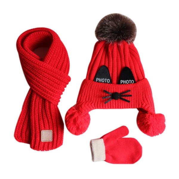 Stickad mössa för barn, halsduk, handskar i tre delar