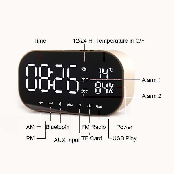 Väckarklocka Display Ljud Trådlös Bluetooth Bass Creative Desktop Bedside Högtalare Gold