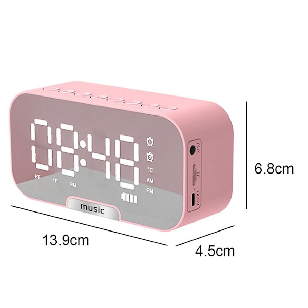 Trådlös Bluetooth högtalare Spegelklocka Miniväckarklocka Vit pink