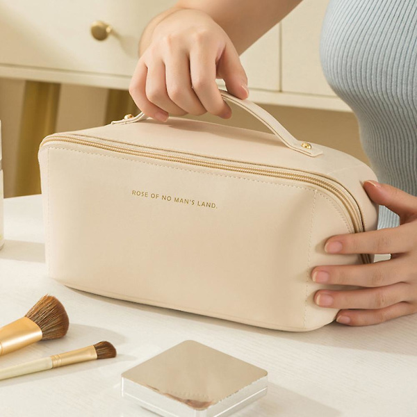 Tvådelat set (kuddväska + borstväska) Kosmetikväska Pu Läder kosmetikaväska Resehandväska beige
