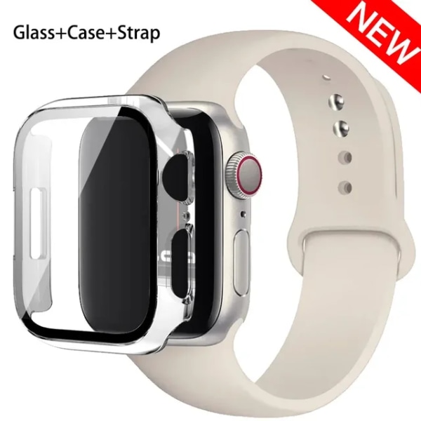 Lämplig för äpplen Glas+ Case+ Rem För Apple Watch band 44mm 45mm 42mm 41mm 40mm 38mm Silikonarmband iWatch-serien 8 9 7 6 5 71 Starlight 42mm series 321