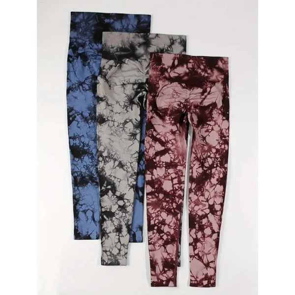 Kvinnors 3-delade Tie-Dye Hip Lift Yoga Byxor Träning Högmidjade veckade Fitness Byxor Brown purplish red L